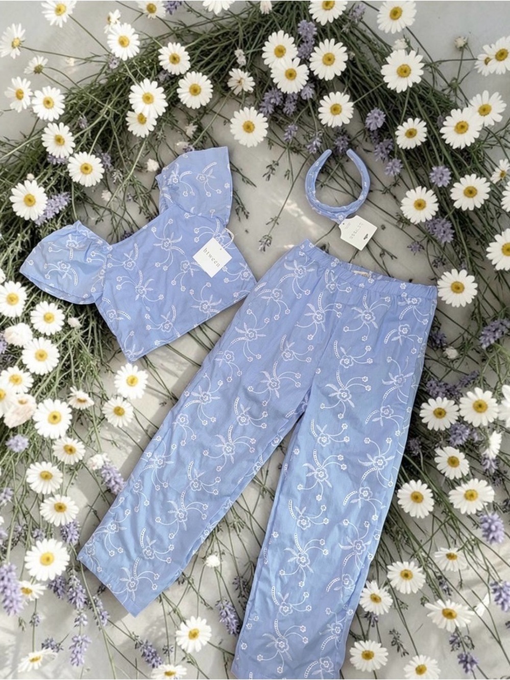 Light Blue Embroidered Two-Piece Set with Headband
